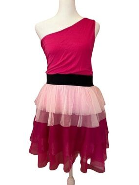 Say What? Y2K Hot Pink One Shoulder Tiered Tulle Mini Dress Barbiecore Party L